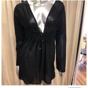 Tara Grinna Tunic Swim Cover‎ Up Sheer Tie Front Long Sleeve Black Size L